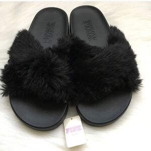 PINK Victoria's secret VS Criss Cross Faux Fur Slides Size Large 10